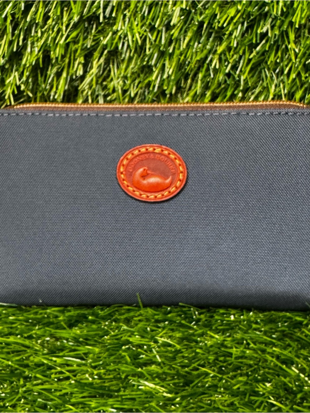 Dooney & Bourke Nylon Zip Around Wristlet Wallet Clutch Navy Blue Brown Tassel